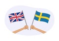 UK and Sweden flags. Swedish and British national symbols. Hand holding waving flag. Vector illustration Royalty Free Stock Photo